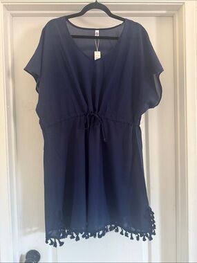 Navy V-Neck Drawstring Tunic with Tassel Trim